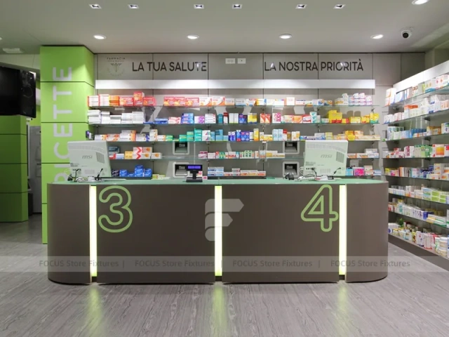 Lime Green Pharmacy Counter with Numbered Checkout Desks