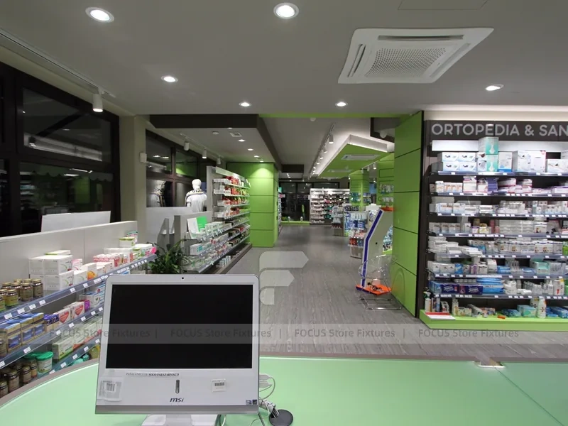 Lime Green Pharmacy Counter with Numbered Checkout Desks