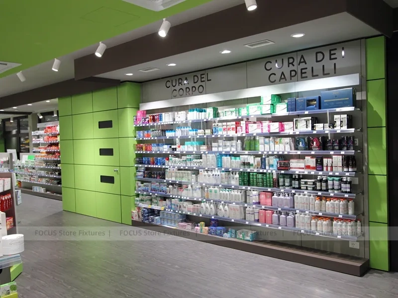 Lime Green Pharmacy Counter with Numbered Checkout Desks