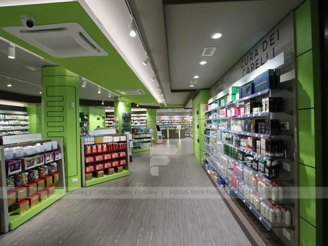 Lime Green Pharmacy Counter with Numbered Checkout Desks