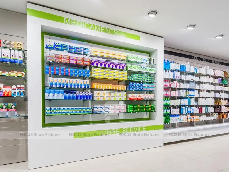 Lime Green Pharmacy Wall Display and Wood Cashier Counter