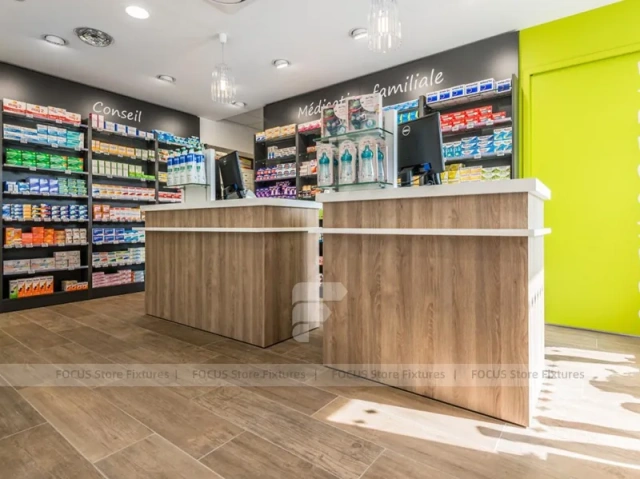 Lime Green Pharmacy Wall Display and Wood Cashier Counter