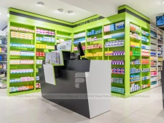 Lime Green Pharmacy Wall Display and Wood Cashier Counter