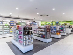 Lime Green Pharmacy Wall Display and Wood Cashier Counter