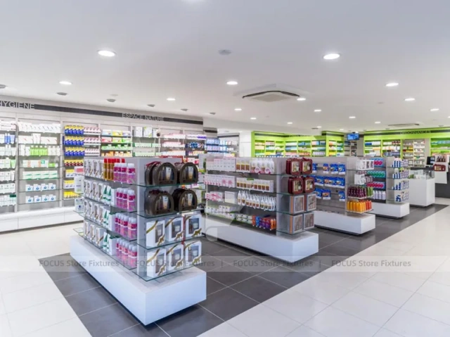 Lime Green Pharmacy Wall Display and Wood Cashier Counter
