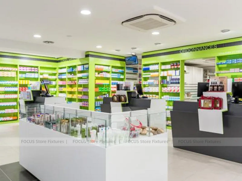 Lime Green Pharmacy Wall Display and Wood Cashier Counter