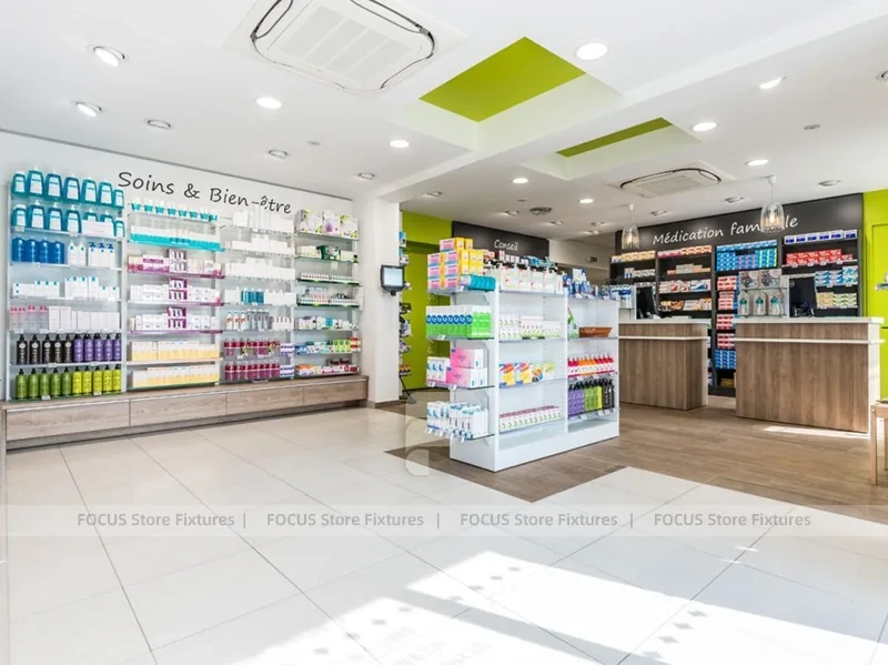 Lime Green Pharmacy Wall Display and Wood Cashier Counter
