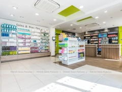 Lime Green Pharmacy Wall Display and Wood Cashier Counter
