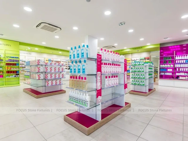 Lime Green and Magenta Pharmacy Gondola Display Layout