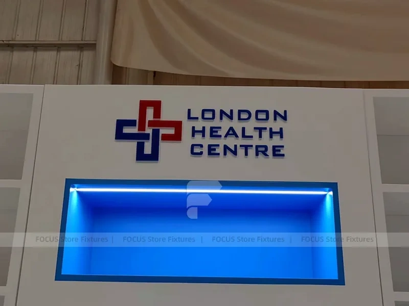 London Health Centre Blue Lit Pharmacy Wall Fixture