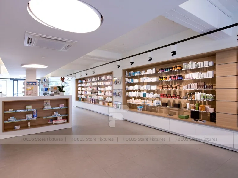 Long Wood Wall Pharmacy Shelving with White Counter