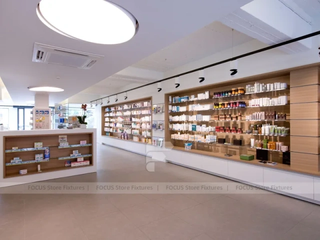 Long Wood Wall Pharmacy Shelving with White Counter