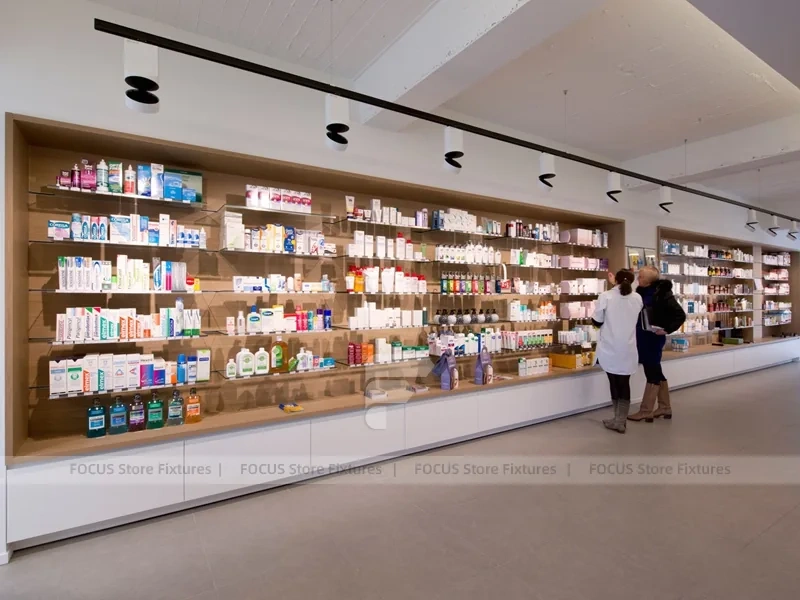 Long Wood Wall Pharmacy Shelving with White Counter
