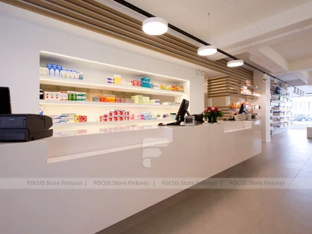 Long Wood Wall Pharmacy Shelving with White Counter
