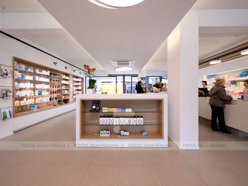 Long Wood Wall Pharmacy Shelving with White Counter