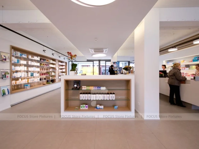 Long Wood Wall Pharmacy Shelving with White Counter