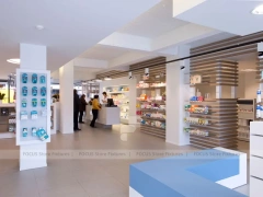 Long Wood Wall Pharmacy Shelving with White Counter