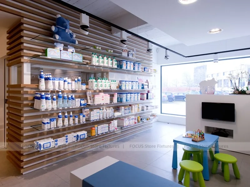 Long Wood Wall Pharmacy Shelving with White Counter