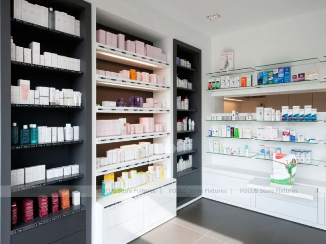 Long Wood Wall Pharmacy Shelving with White Counter