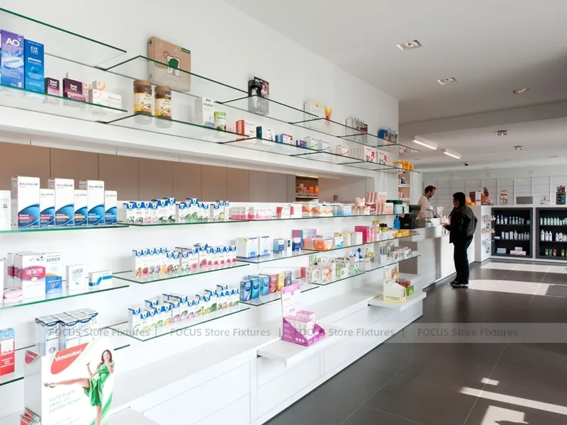 Long Wood Wall Pharmacy Shelving with White Counter