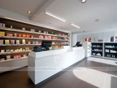 Long Wood Wall Pharmacy Shelving with White Counter