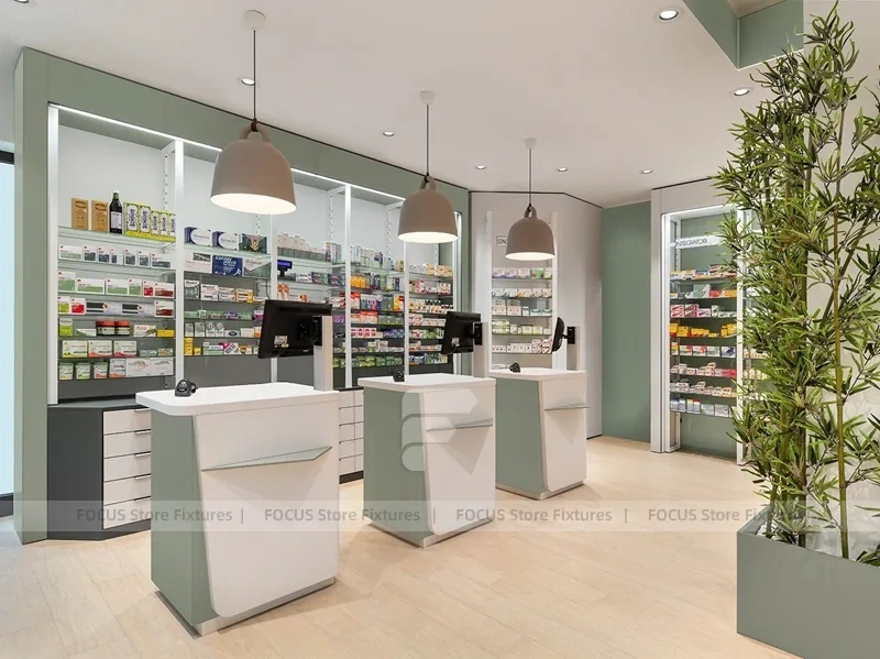 Minimal Pharmacy Gondola and Wall Shelf Layout