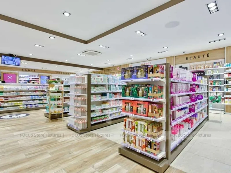 Minimal Pharmacy Gondola and Wall Shelf Layout