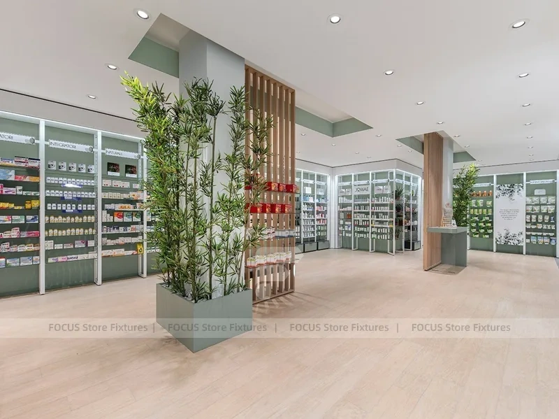Minimal Pharmacy Gondola and Wall Shelf Layout