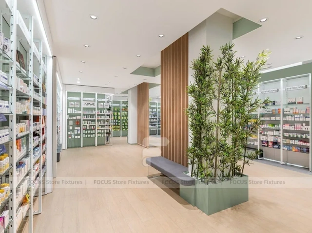 Minimal Pharmacy Gondola and Wall Shelf Layout