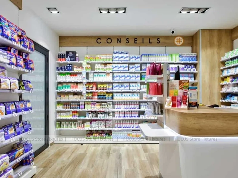 Minimal Pharmacy Gondola and Wall Shelf Layout