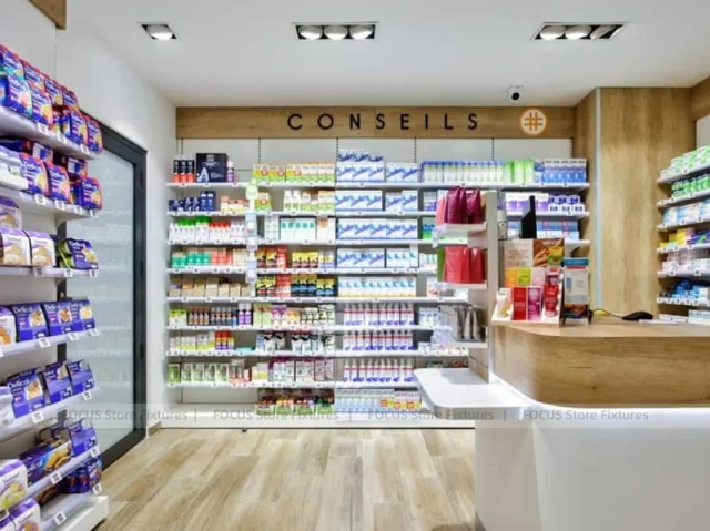 Minimal Pharmacy Gondola and Wall Shelf Layout