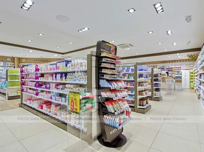 Minimal Pharmacy Gondola and Wall Shelf Layout