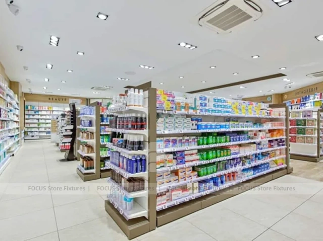 Minimal Pharmacy Gondola and Wall Shelf Layout