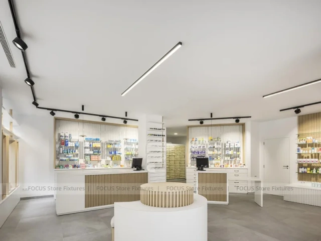 Minimal White Pharmacy Interior with Round Counter