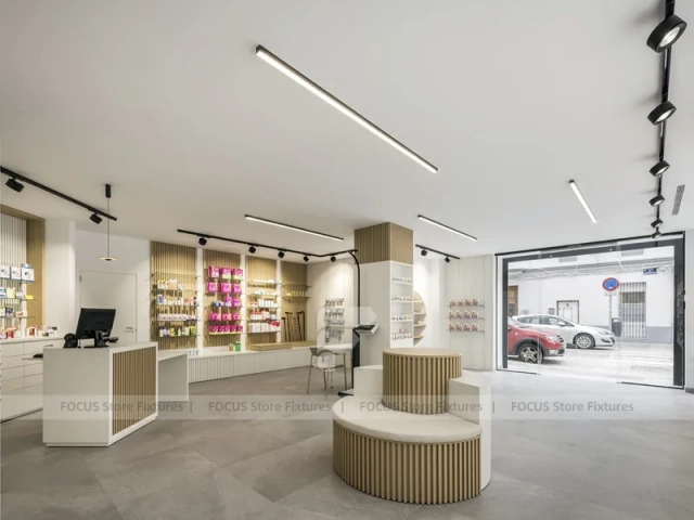 Minimal White Pharmacy Interior with Round Counter