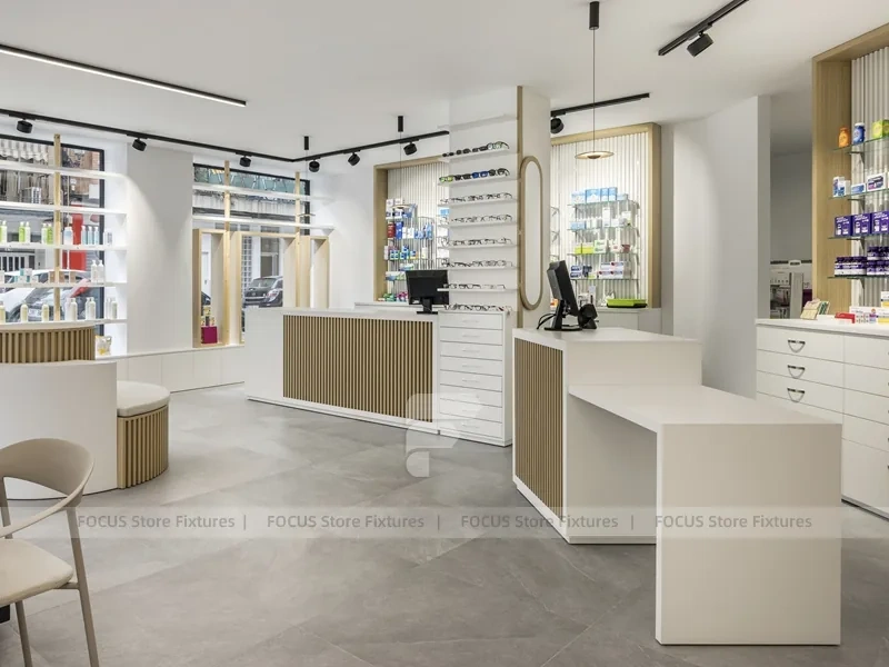 Minimal White Pharmacy Interior with Round Counter