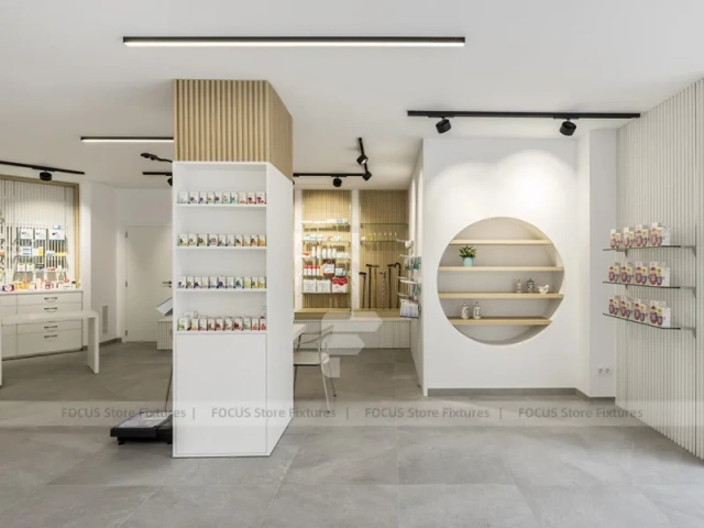 Minimal White Pharmacy Interior with Round Counter