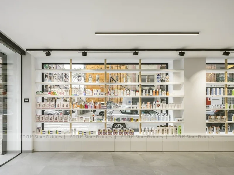 Minimal White Pharmacy Interior with Round Counter