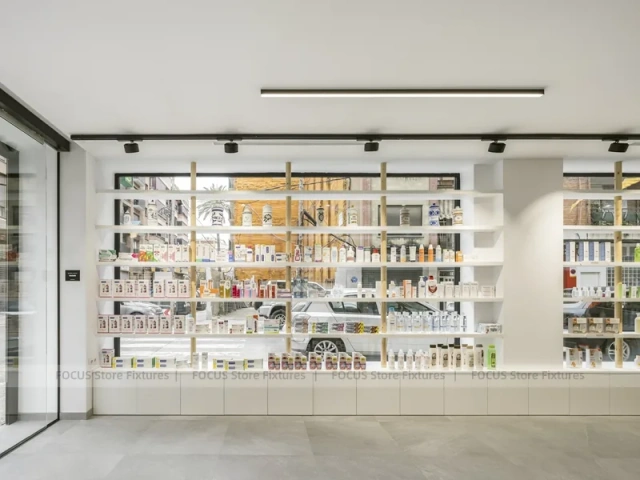 Minimal White Pharmacy Interior with Round Counter