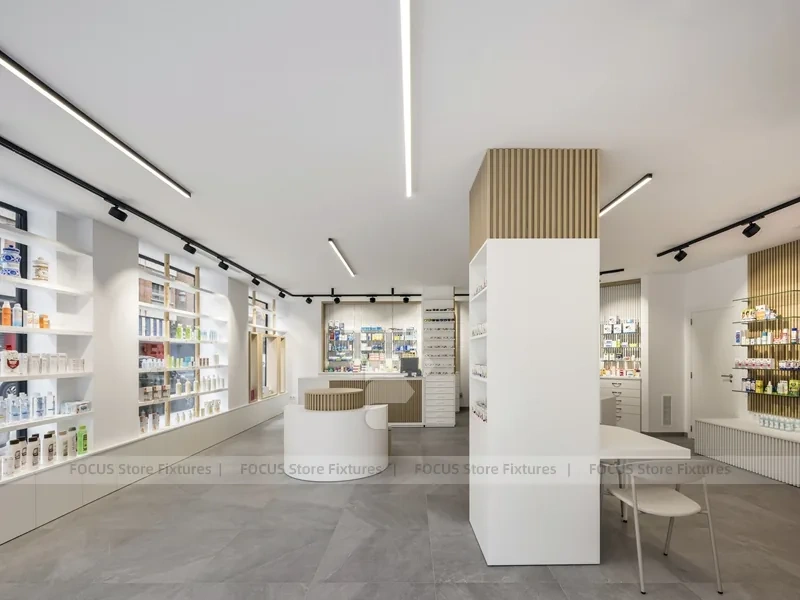 Minimal White Pharmacy Interior with Round Counter