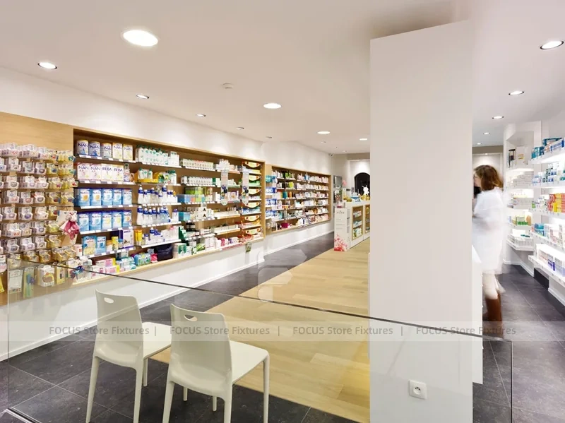 Minimal White Pharmacy Shelving with Red Accent Gondola