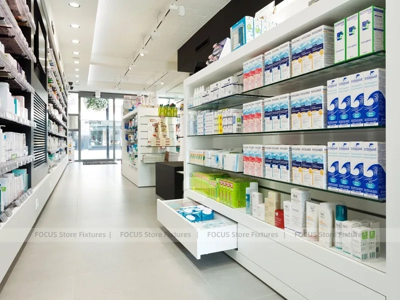 Minimal White Pharmacy Shelving with Red Accent Gondola