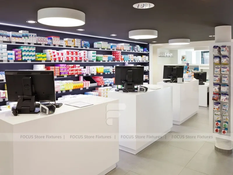 Minimal White Pharmacy Shelving with Red Accent Gondola