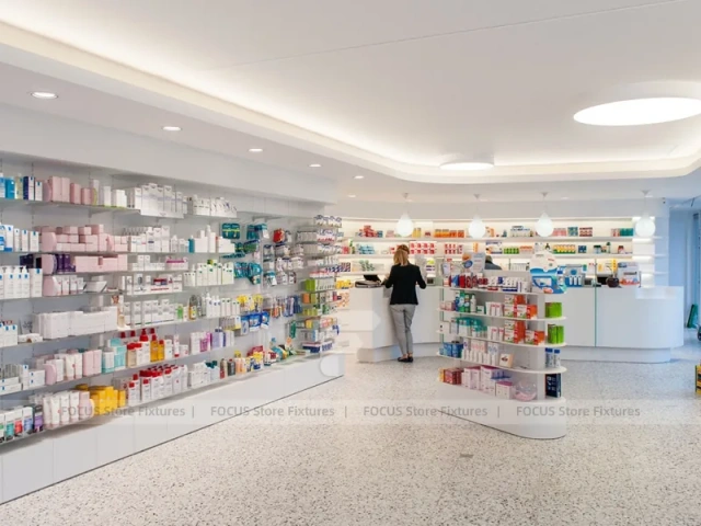 Minimal White Pharmacy Shelving with Red Accent Gondola