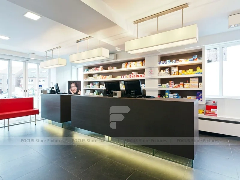 Minimal White Pharmacy Shelving with Red Accent Gondola
