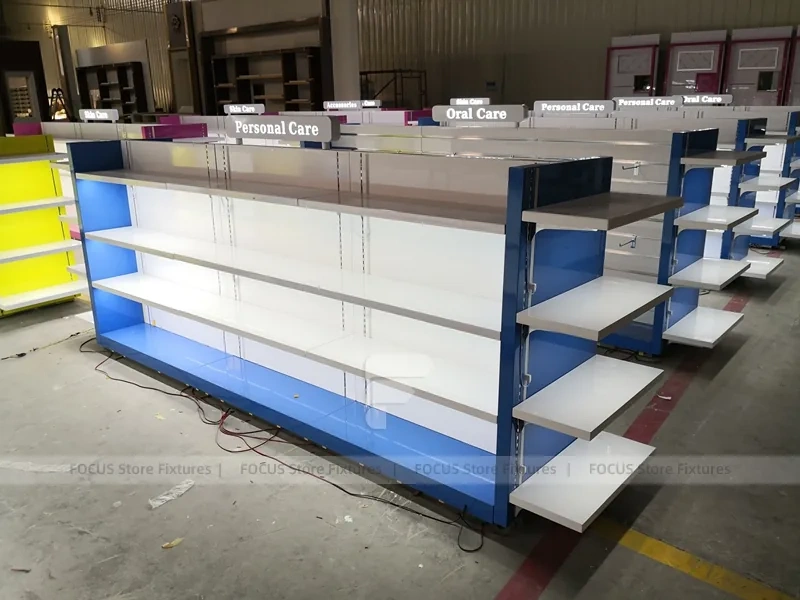 Multi Color Pharmacy Gondola Shelf Fixture Set