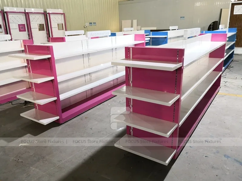 Multi Color Pharmacy Gondola Shelf Fixture Set