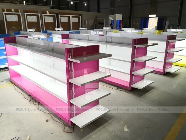 Multi Color Pharmacy Gondola Shelf Fixture Set