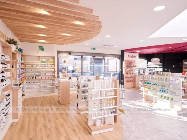 Natural Wood Pharmacy Wellness Shelving Interior