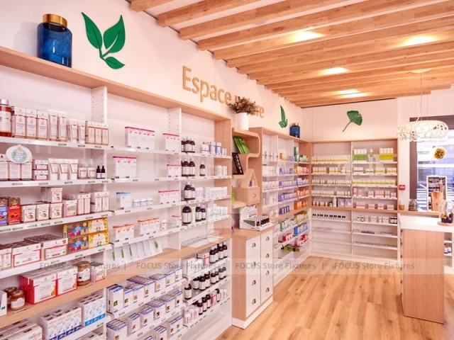 Natural Wood Pharmacy Wellness Shelving Interior